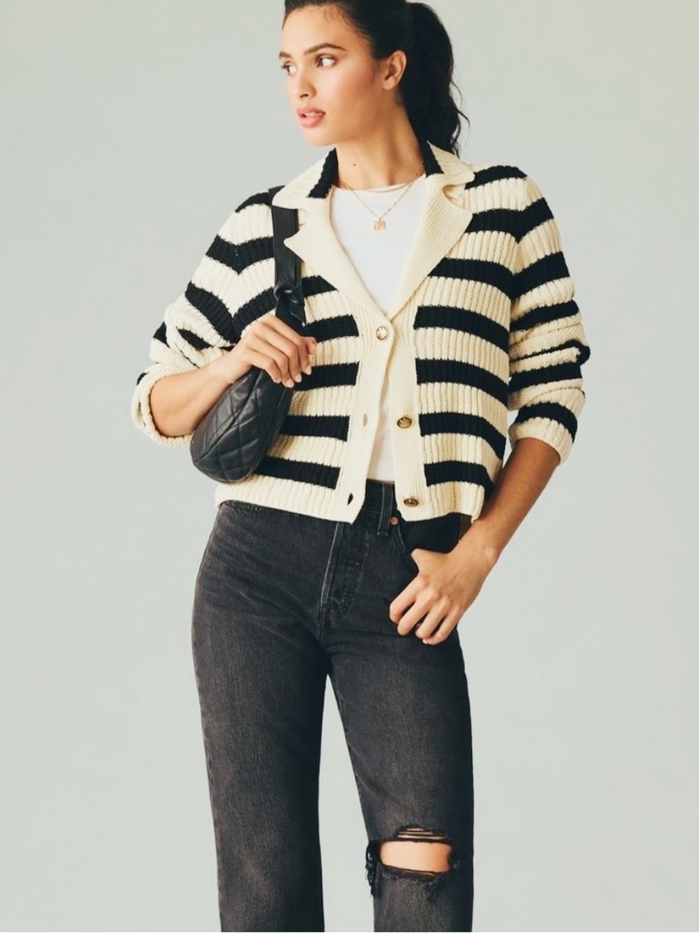 [Anthro] Maeve Stripe Greta Polo Ribbed Knit Cardigan with Crest Buttons
